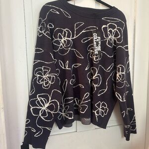Navy Sweater with White Floral Design